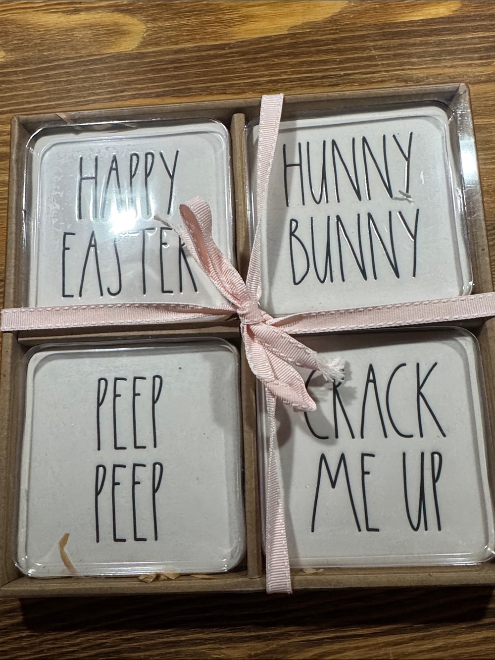 Rae Dunn White Ceramic Easter Coaster Set with Pink Ribbon